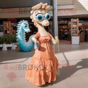 Tan Sea Horse mascot costume character dressed with a Midi Dress and Sunglasses