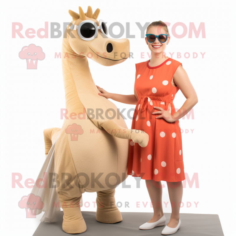 Tan Sea Horse mascot costume character dressed with a Midi Dress and Sunglasses Tan Sea Horse mascot costume character dressed with a Midi Dress and Sunglasses