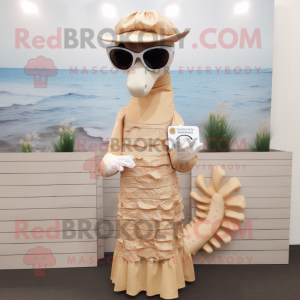 Tan Sea Horse mascot costume character dressed with a Midi Dress and Sunglasses