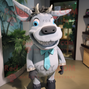 Gray Zebu mascot costume character dressed with a Bermuda Shorts and Bow ties