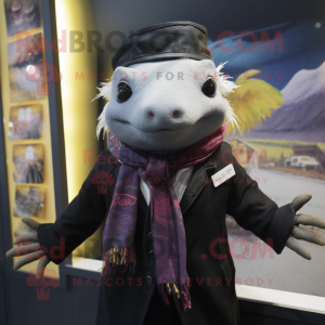 Black Axolotls mascot costume character dressed with a Blazer and Scarves