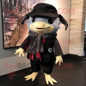Black Axolotls mascot costume character dressed with a Blazer and Scarves