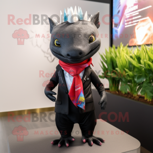Black Axolotls mascot costume character dressed with a Blazer and Scarves