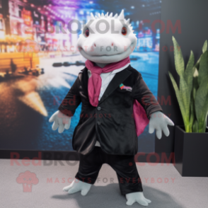 Black Axolotls mascot costume character dressed with a Blazer and Scarves