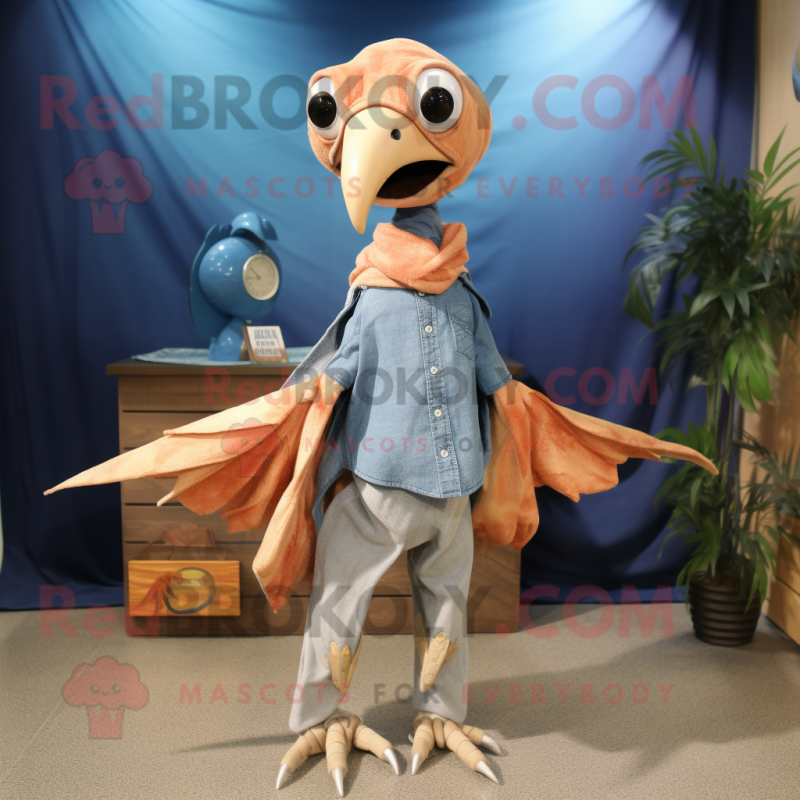 Peach Dimorphodon mascot costume character dressed with a Chambray Shirt and Shawl pins