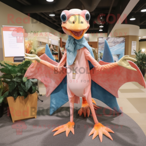 Peach Dimorphodon mascot costume character dressed with a Chambray Shirt and Shawl pins