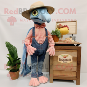 Peach Dimorphodon mascot costume character dressed with a Chambray Shirt and Shawl pins