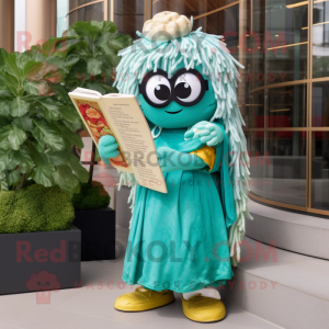Turquoise Ramen mascot costume character dressed with a Midi Dress and Reading glasses