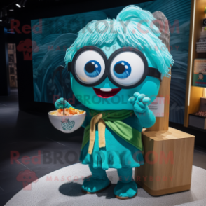 Turquoise Ramen mascot costume character dressed with a Midi Dress and Reading glasses