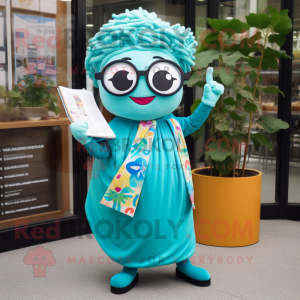 Turquoise Ramen mascot costume character dressed with a Midi Dress and Reading glasses