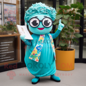 Turquoise Ramen mascot costume character dressed with a Midi Dress and Reading glasses
