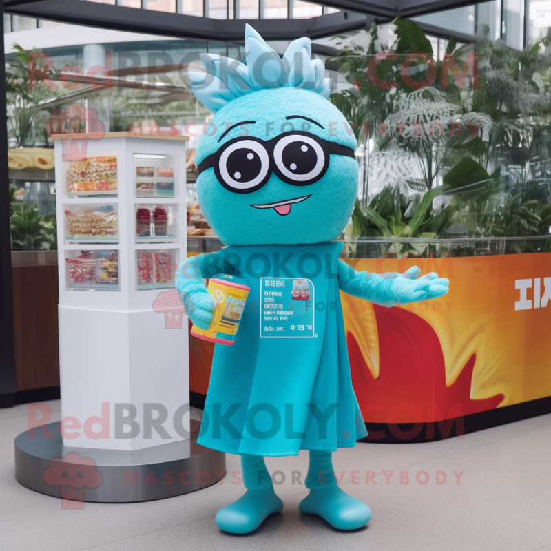 Turquoise Ramen mascot costume character dressed with a Midi Dress and Reading glasses Turquoise Ramen mascot costume character dressed with a Midi Dress and Reading glasses