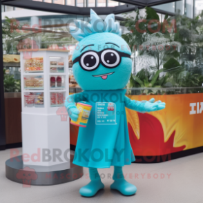 Turquoise Ramen mascot costume character dressed with a Midi Dress and Reading glasses
