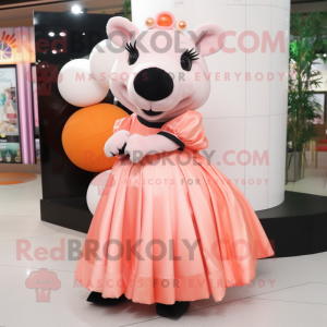 Peach Tapir mascot costume character dressed with a Ball Gown and Lapel pins