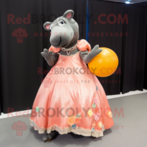 Peach Tapir mascot costume character dressed with a Ball Gown and Lapel pins