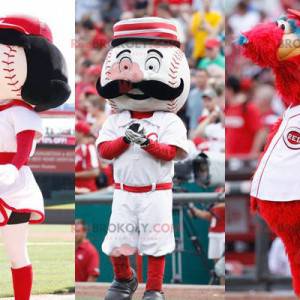 3 mascotes: 2 bolas de beisebol e um monstro vermelho -