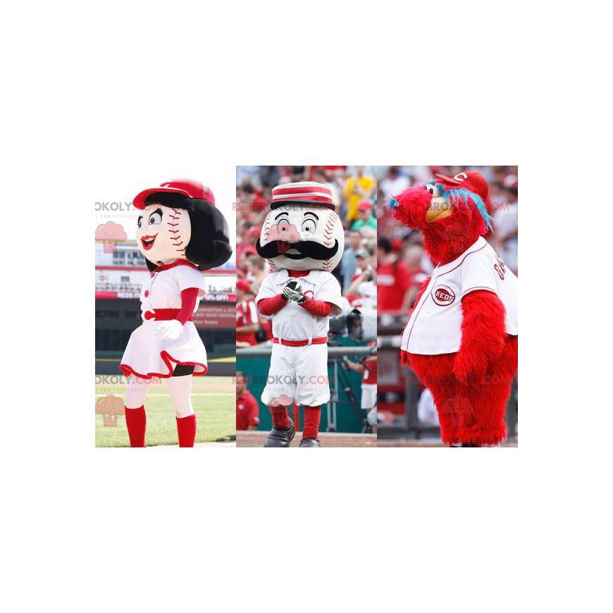 3 mascotas: 2 pelotas de béisbol y un monstruo rojo -