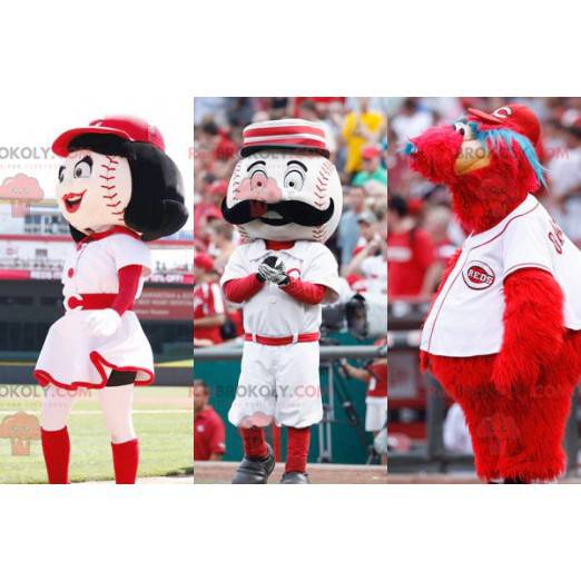 3 mascotes: 2 bolas de beisebol e um monstro vermelho -