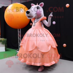 Peach Tapir mascot costume character dressed with a Ball Gown and Lapel pins