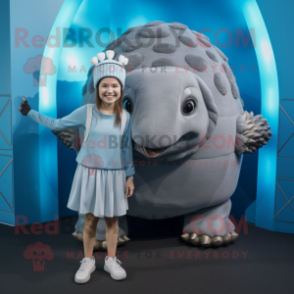 Silver Glyptodon mascot costume character dressed with a Mini Dress and Beanies