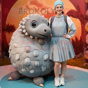 Silver Glyptodon mascot costume character dressed with a Mini Dress and Beanies