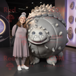 Silver Glyptodon mascot costume character dressed with a Mini Dress and Beanies