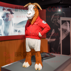 Red Boer Goat mascot costume character dressed with a Skinny Jeans and Lapel pins