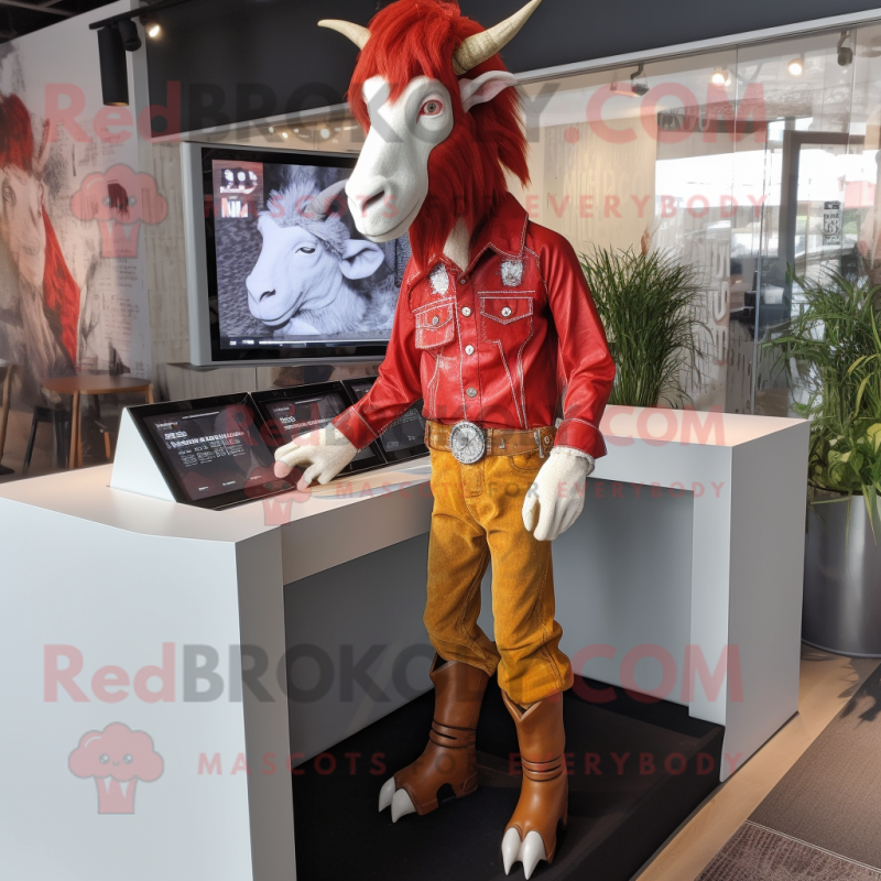 Red Boer Goat mascot costume character dressed with a Skinny Jeans and Lapel pins