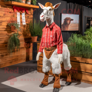 Red Boer Goat mascot costume character dressed with a Skinny Jeans and Lapel pins