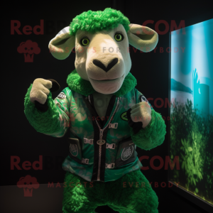 Green Ram mascot costume character dressed with a Jeggings and Ties