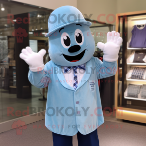 Blue Ghost mascot costume character dressed with a Button-Up Shirt and Mittens
