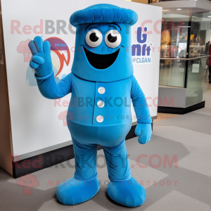 Blue Ghost mascot costume character dressed with a Button-Up Shirt and Mittens