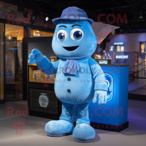 Blue Ghost mascot costume character dressed with a Button-Up Shirt and Mittens