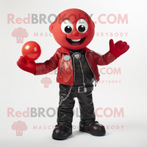 Red Juggle mascot costume character dressed with a Leather Jacket and Necklaces