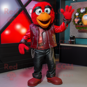 Red Juggle mascot costume character dressed with a Leather Jacket and Necklaces