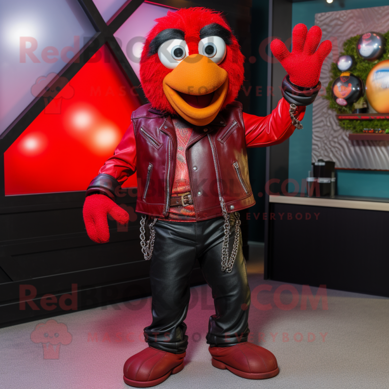 Red Juggle mascot costume character dressed with a Leather Jacket and Necklaces Red Juggle mascot costume character dressed with a Leather Jacket and Necklaces