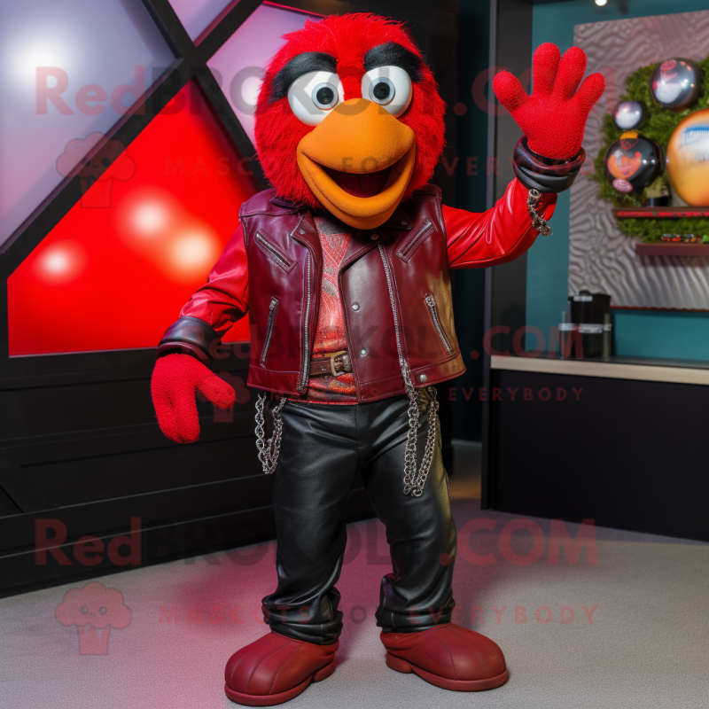 Red Juggle mascot costume character dressed with a Leather Jacket and Necklaces