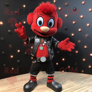 Red Juggle mascot costume character dressed with a Leather Jacket and Necklaces