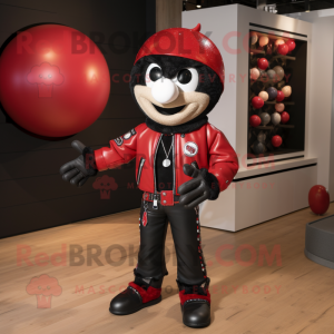 Red Juggle mascot costume character dressed with a Leather Jacket and Necklaces