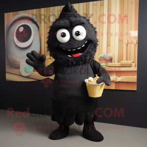 Black Fish And Chips mascot costume character dressed with a Sweater and Cummerbunds