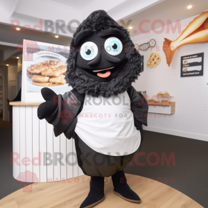 Black Fish And Chips mascot costume character dressed with a Sweater and Cummerbunds
