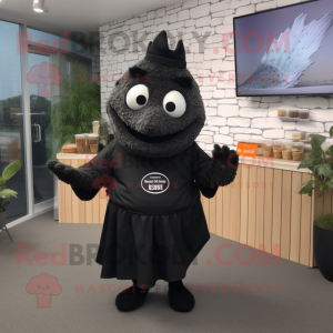 Black Fish And Chips mascot costume character dressed with a Sweater and Cummerbunds