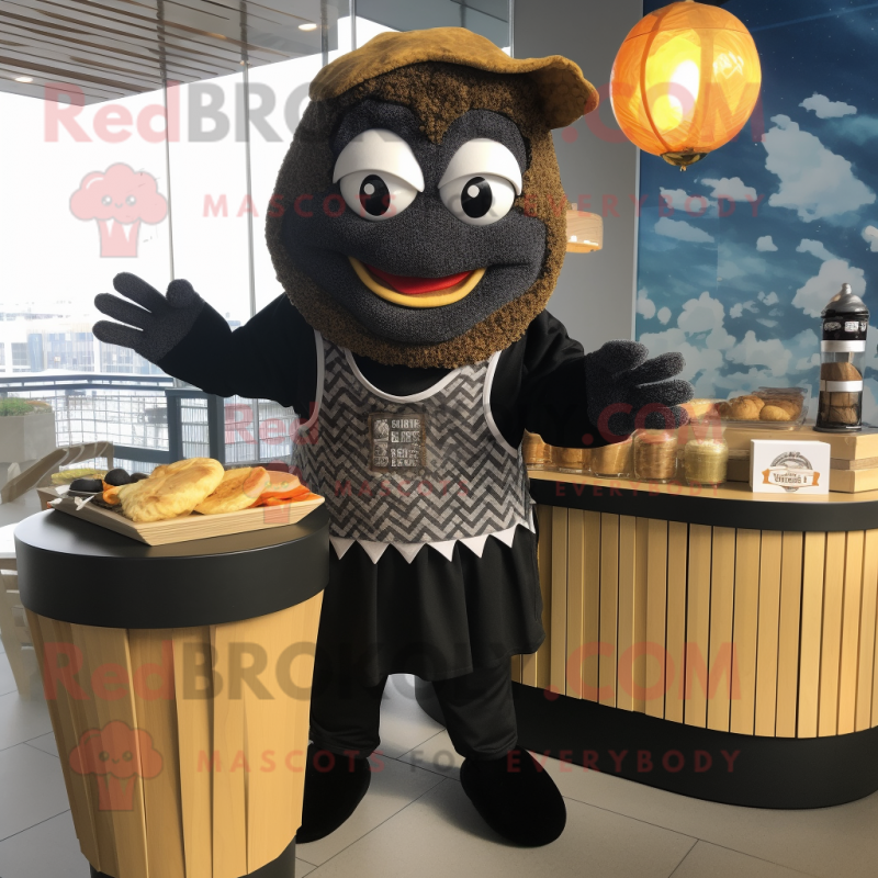 Black Fish And Chips mascot costume character dressed with a Sweater and Cummerbunds