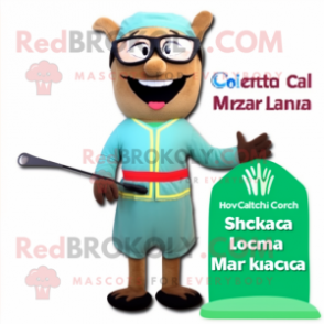 Olive Tikka Masala mascot costume character dressed with a Board Shorts and Reading glasses