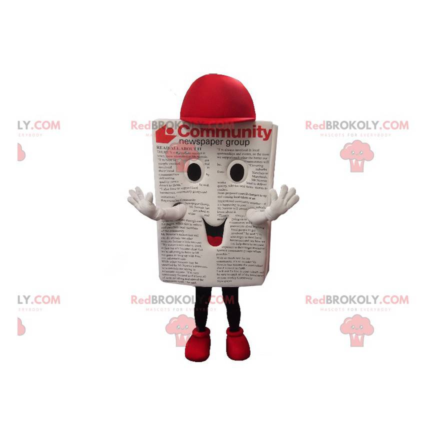 Mascotte de journal de magazine géant avec une casquette rouge