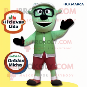 Olive Tikka Masala mascot costume character dressed with a Board Shorts and Reading glasses