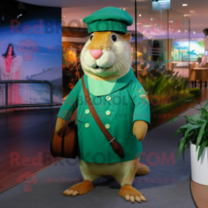 Green Capybara mascot costume character dressed with a Bermuda Shorts and Berets