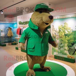 Green Capybara mascot costume character dressed with a Bermuda Shorts and Berets