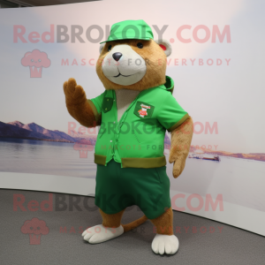 Green Capybara mascot costume character dressed with a Bermuda Shorts and Berets