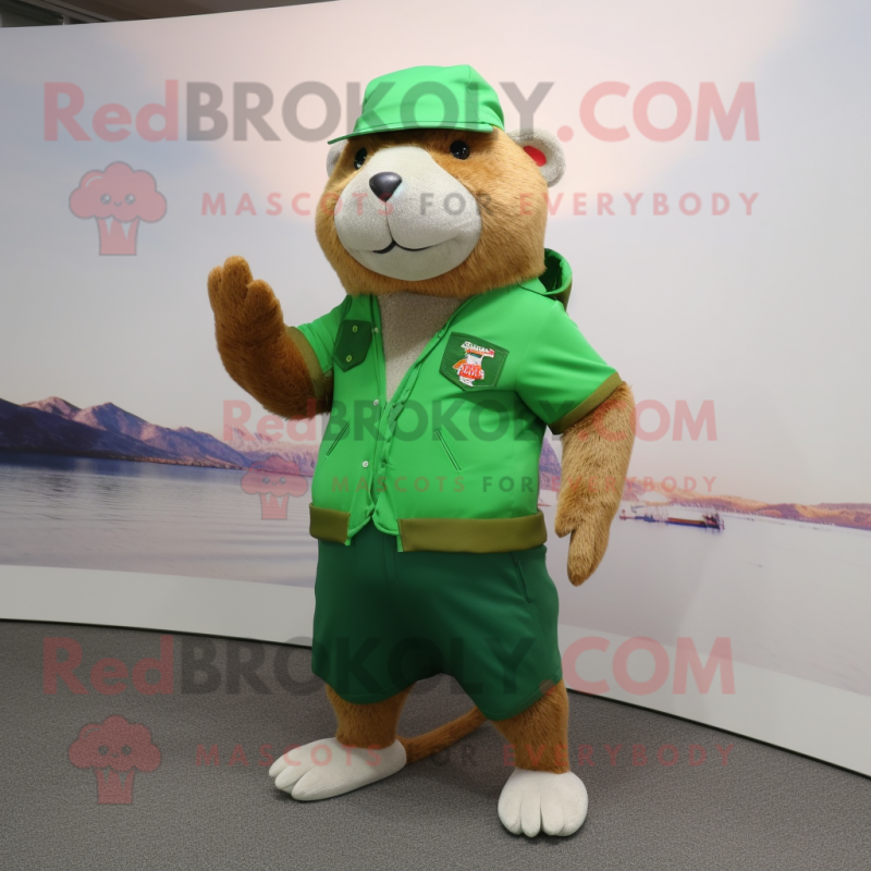 Green Capybara mascot costume character dressed with a Bermuda Shorts and Berets